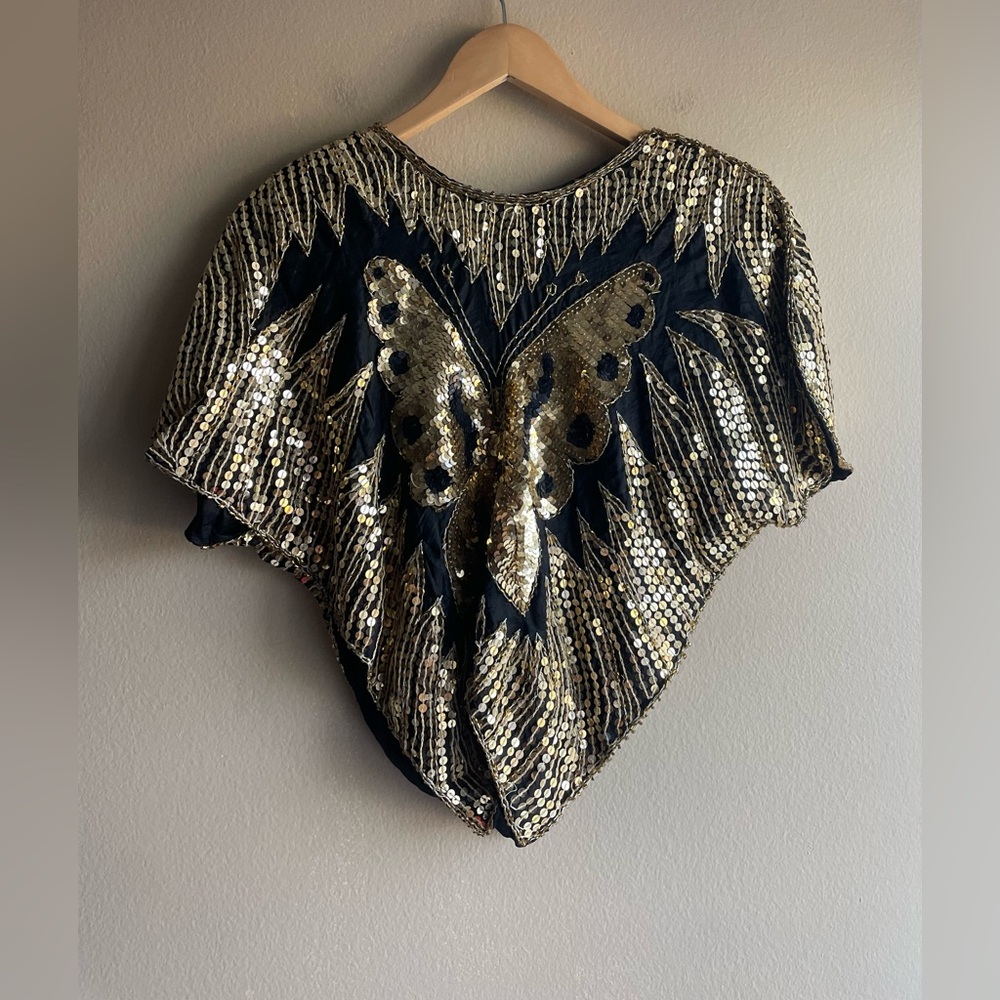 New Elegance Anujan 100% Silk Sequined Golden Butterfly Design Top Women Small - Picture 3 of 10